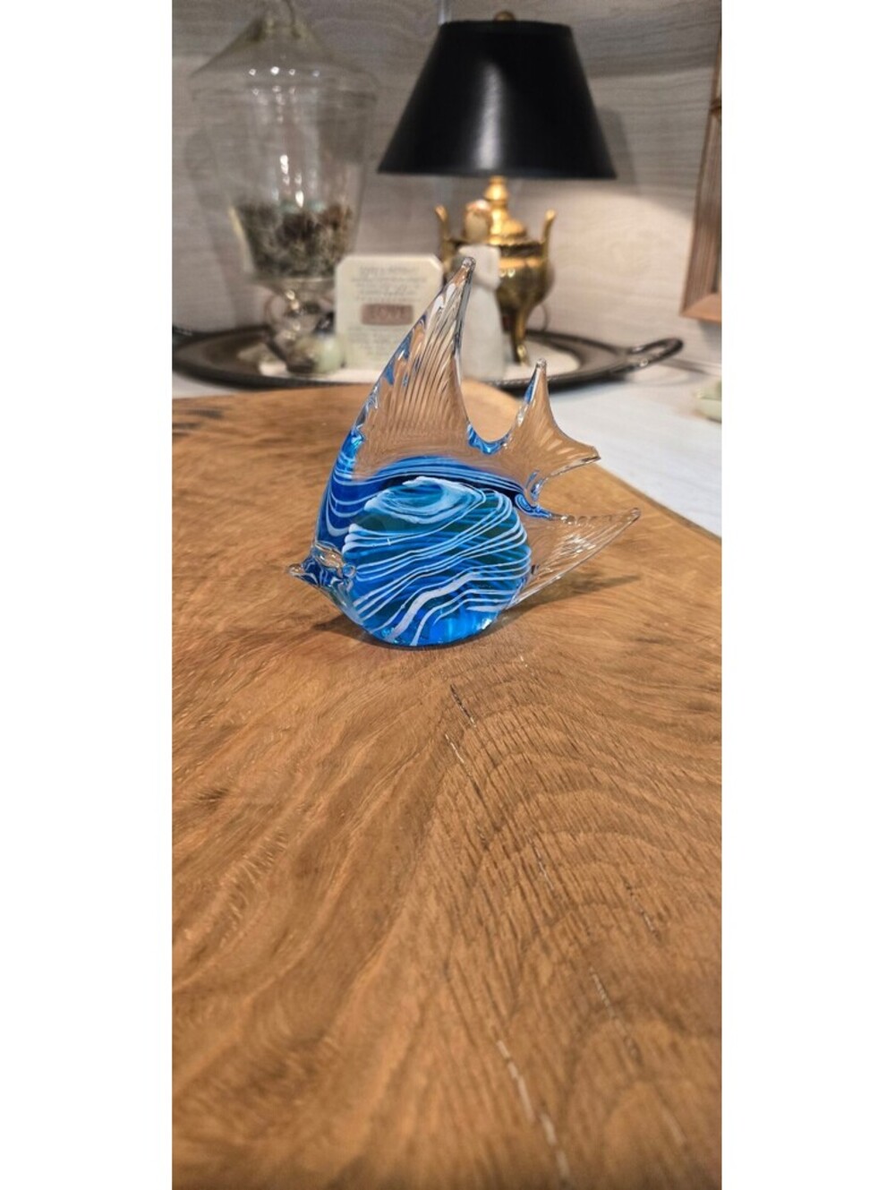 Hand Blown Glass Fish Figurine with Blue and White Swirl Design - Decorative Art